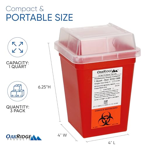 Oakridge Products Sharps Container for Home Use and Professional 1 Quart, Biohazard Needle and Syringe Disposal, Small Portable Container for Travel, CDC Certified