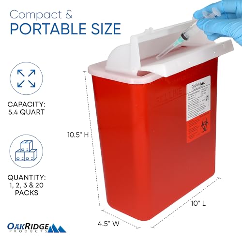 Oakridge Products Sharps Container for Home Use and Professional 5 Quart (20-Pack), Biohazard Needle and Syringe Disposal, Mailbox Style Lid, CDC Certified