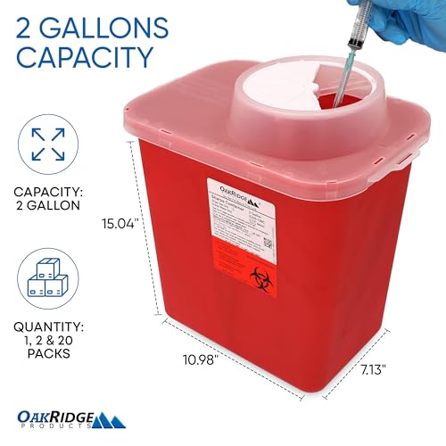 Oakridge Products Large Sharps Container for Home Use and Professional 2 Gallon (1-Pack) with Chimney Top, Biohazard Needle and Syringe Disposal, CDC Certified