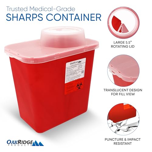 Oakridge Products Large Sharps Container for Home Use and Professional 2 Gallon (1-Pack) with Chimney Top, Biohazard Needle and Syringe Disposal, CDC Certified