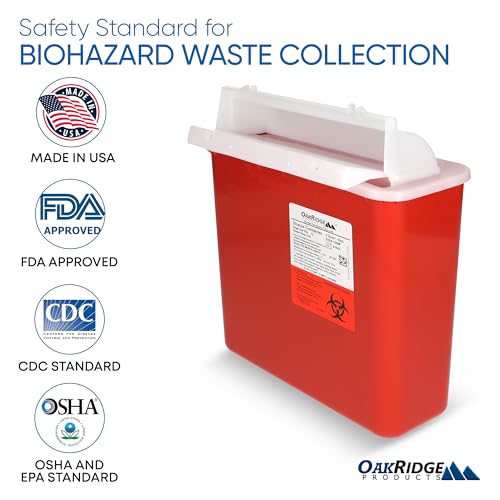 Oakridge Products Sharps Container for Home Use and Professional 5 Quart (20-Pack), Biohazard Needle and Syringe Disposal, Mailbox Style Lid, CDC Certified
