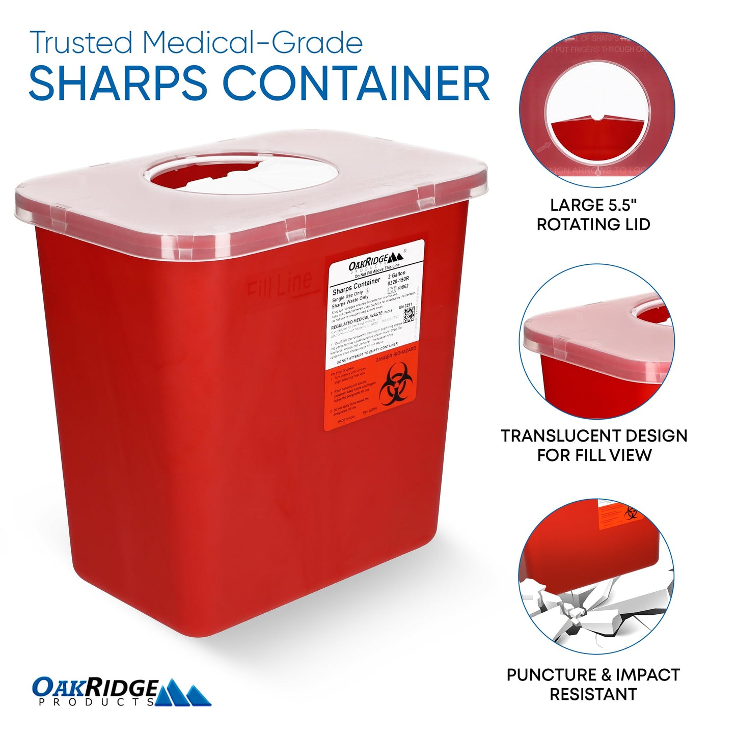 Oakridge Products Large Sharps Container for Home Use and Professional 2 Gallon (3-Pack) with Rotating lid, Biohazard Needle and Syringe Disposal, CDC Certified