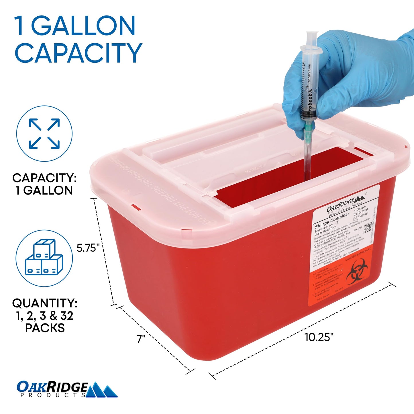 Oakridge Products Large Sharps Container for Home Use and Professional 1 Gallon (32-Pack) with Sliding Top, Biohazard Needle and Syringe Disposal, CDC Certified