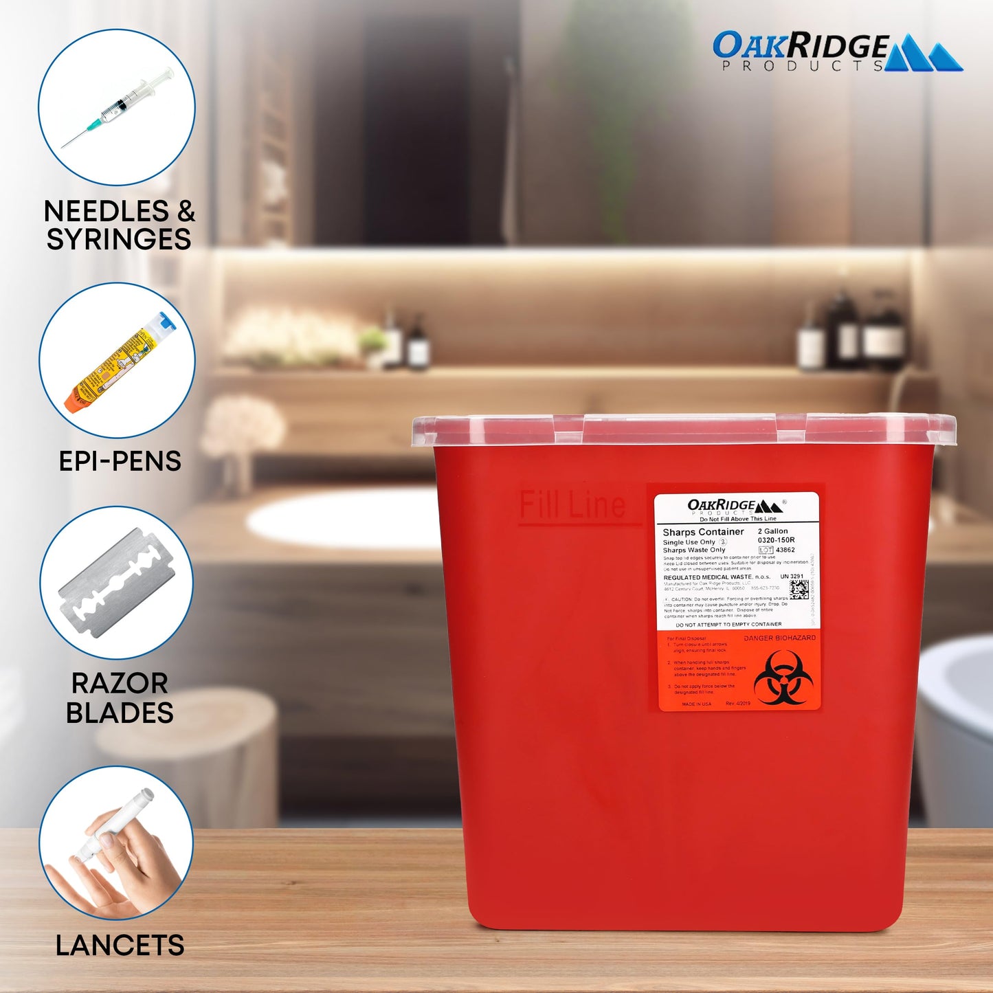 Oakridge Products Large Sharps Container for Home Use and Professional 2 Gallon (3-Pack) with Rotating lid, Biohazard Needle and Syringe Disposal, CDC Certified