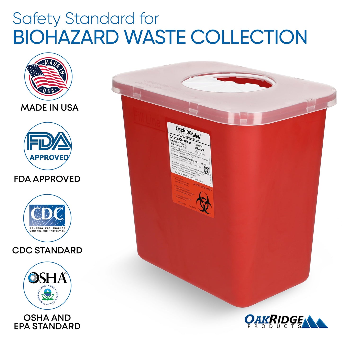 Oakridge Products Large Sharps Container for Home Use and Professional 2 Gallon (3-Pack) with Rotating lid, Biohazard Needle and Syringe Disposal, CDC Certified