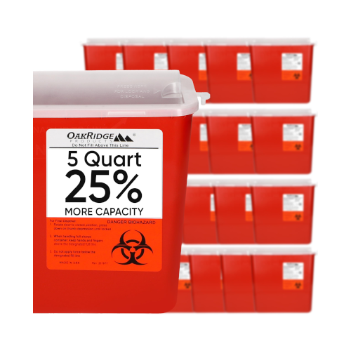 Oakridge Products Sharps Container for Home Use and Professional 5 Quart (20-Pack), Biohazard Needle and Syringe Disposal, Horizontal Drop Style Lid with levers, CDC Certified