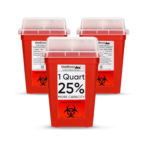 Oakridge Products Sharps Container for Home Use and Professional 1 Quart (3-Pack), Biohazard Needle and Syringe Disposal, Small Portable Container for Travel, CDC Certified