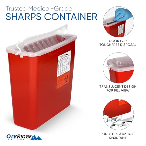 Oakridge Products Sharps Container for Home Use and Professional 5 Quart (2-Pack), Biohazard Needle and Syringe Disposal, Horizontal Drop Style Lid with levers, CDC Certified