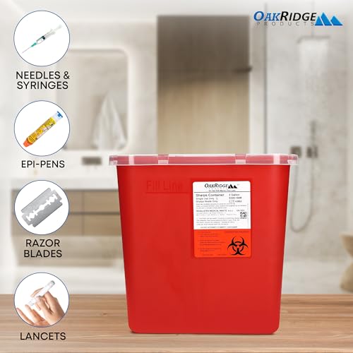 Oakridge Products Large Sharps Container for Home Use and Professional 2 Gallon (2-Pack) with Rotating lid, Biohazard Needle and Syringe Disposal, CDC Certified