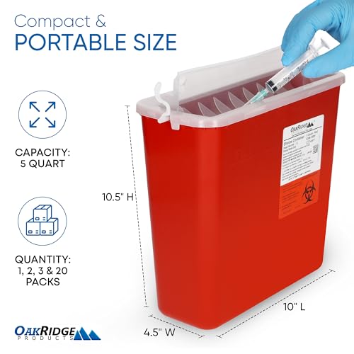 Oakridge Products Sharps Container for Home Use and Professional 5 Quart (2-Pack), Biohazard Needle and Syringe Disposal, Horizontal Drop Style Lid with levers, CDC Certified