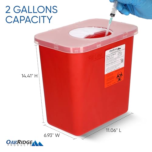 Oakridge Products Large Sharps Container for Home Use and Professional 2 Gallon (2-Pack) with Rotating lid, Biohazard Needle and Syringe Disposal, CDC Certified