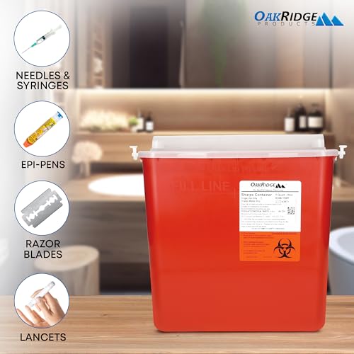 Oakridge Products Sharps Container for Home Use and Professional 5 Quart (2-Pack), Biohazard Needle and Syringe Disposal, Horizontal Drop Style Lid with levers, CDC Certified