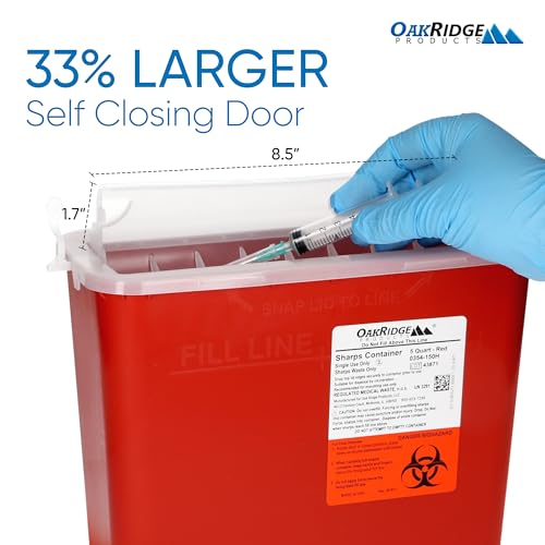 Oakridge Products Sharps Container for Home Use and Professional 5 Quart (2-Pack), Biohazard Needle and Syringe Disposal, Horizontal Drop Style Lid with levers, CDC Certified