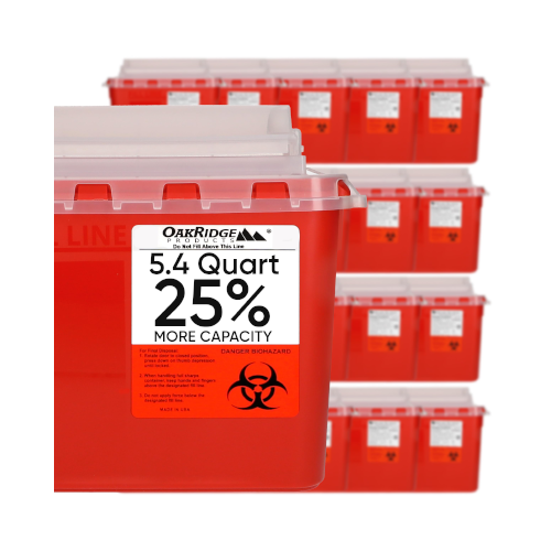 Oakridge Products Transparent Sharps Container for Home Use and Professional 5.4 Quart (20-Pack), Touchless Biohazard Needle and Syringe Disposal, Rotating Lid, CDC Certified