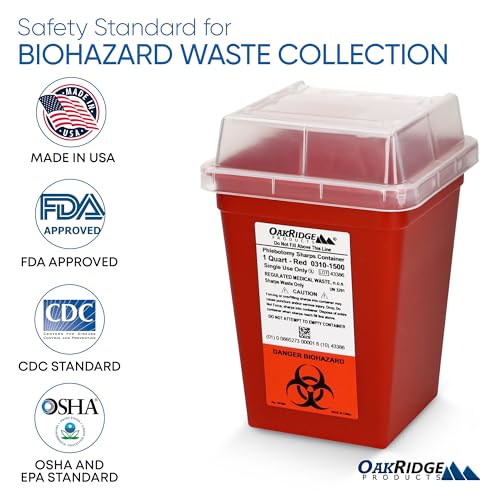 Oakridge Products Sharps Container for Home Use and Professional 1 Quart (5-Pack), Biohazard Needle and Syringe Disposal, Small Portable Container for Travel, CDC Certified