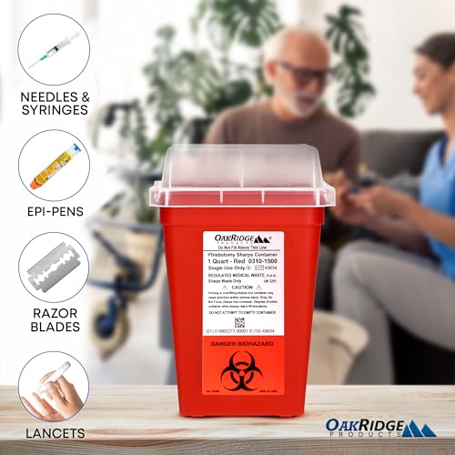 Oakridge Products Sharps Container for Home Use and Professional 1 Quart (5-Pack), Biohazard Needle and Syringe Disposal, Small Portable Container for Travel, CDC Certified