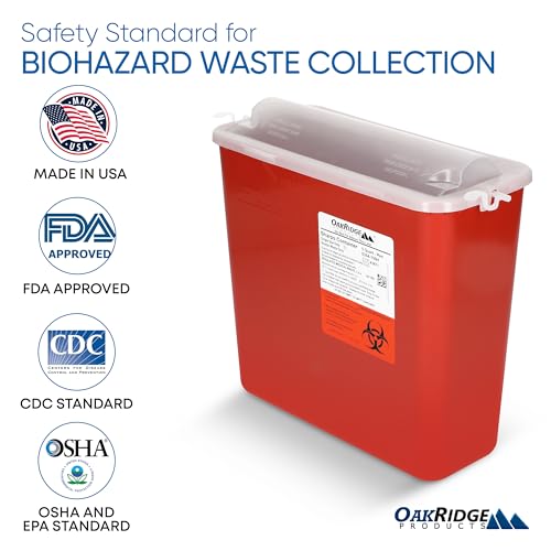 Oakridge Products Sharps Container for Home Use and Professional 5 Quart (2-Pack), Biohazard Needle and Syringe Disposal, Horizontal Drop Style Lid with levers, CDC Certified