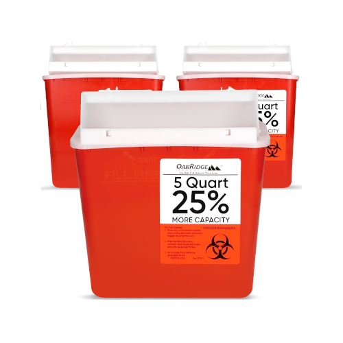 Oakridge Products Sharps Container for Home Use and Professional 5 Quart (3-Pack), Biohazard Needle and Syringe Disposal, Mailbox Style Lid, CDC Certified