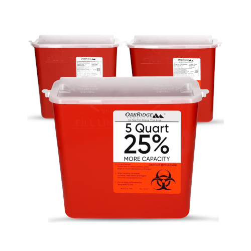 Oakridge Products Sharps Container for Home Use and Professional 5 Quart (3-Pack), Biohazard Needle and Syringe Disposal, Horizontal Drop Style Lid with levers, CDC Certified