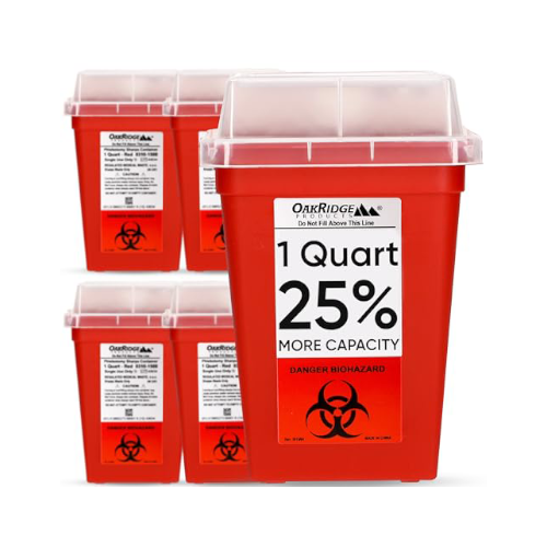 Oakridge Products Sharps Container for Home Use and Professional 1 Quart (5-Pack), Biohazard Needle and Syringe Disposal, Small Portable Container for Travel, CDC Certified