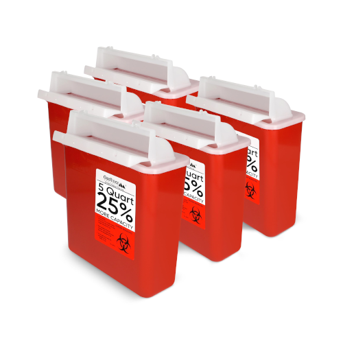 Oakridge Products Sharps Container for Home Use and Professional 5 Quart (5-Pack), Biohazard Needle and Syringe Disposal, Mailbox Style Lid, CDC Certified