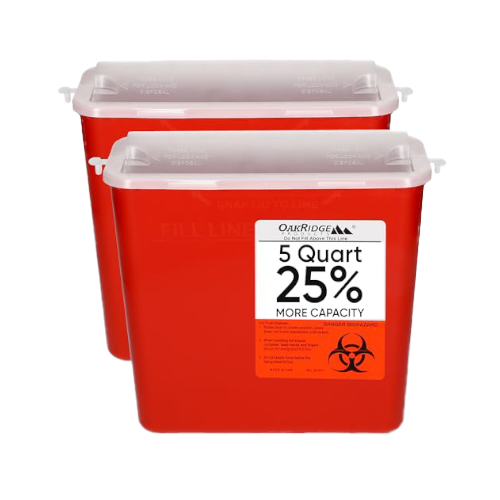 Oakridge Products Sharps Container for Home Use and Professional 5 Quart (2-Pack), Biohazard Needle and Syringe Disposal, Horizontal Drop Style Lid with levers, CDC Certified