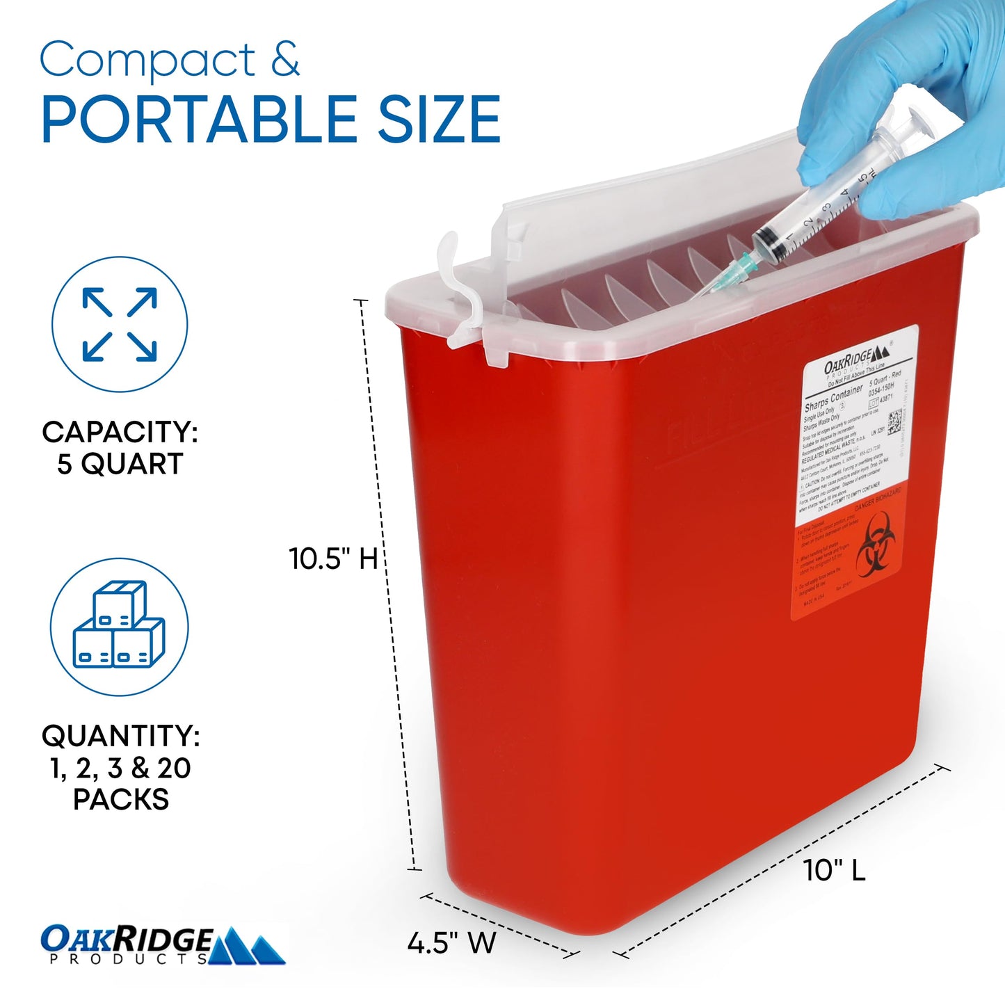 Oakridge Products Sharps Container for Home Use and Professional 5 Quart (3-Pack), Biohazard Needle and Syringe Disposal, Horizontal Drop Style Lid with levers, CDC Certified