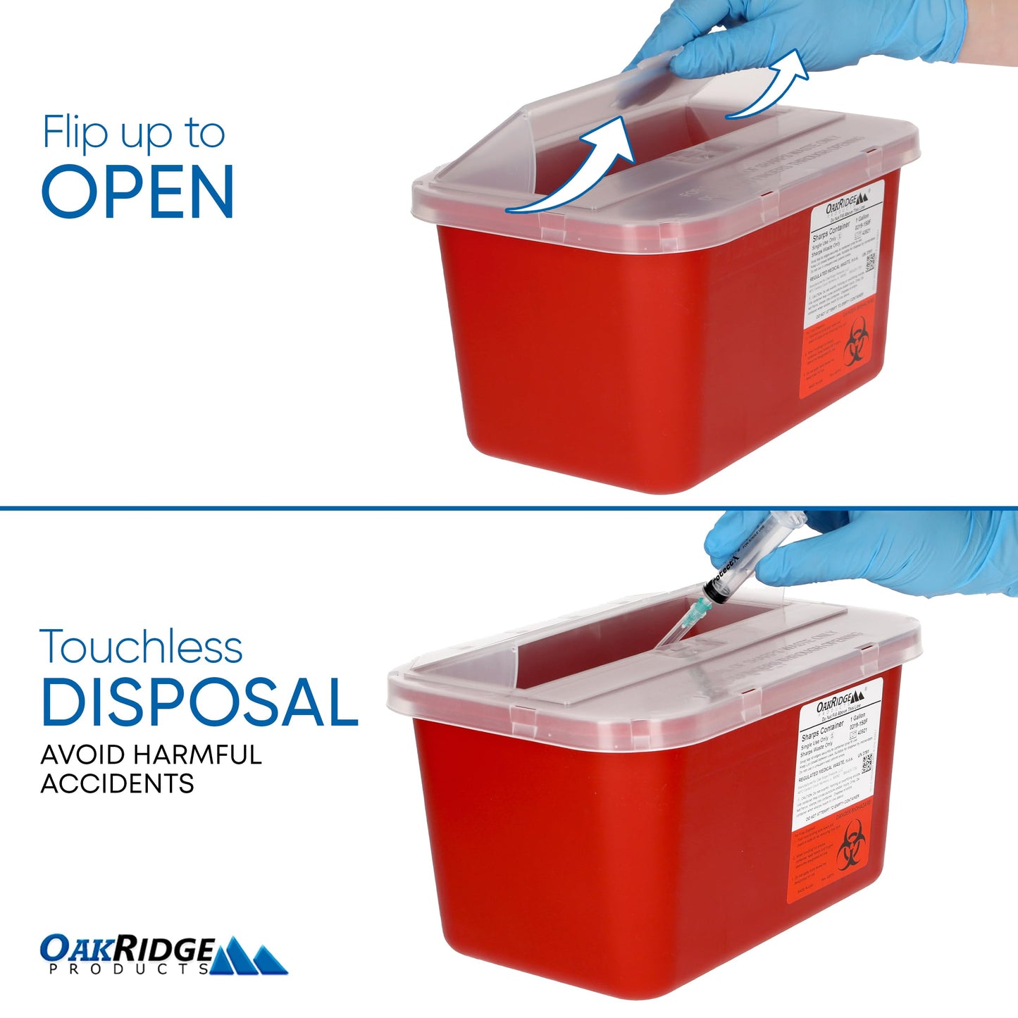 Oakridge Products Large Sharps Container for Home Use and Professional 1 Gallon (3-Pack), Biohazard Needle and Syringe Disposal, Pop Up Lid, CDC Certified