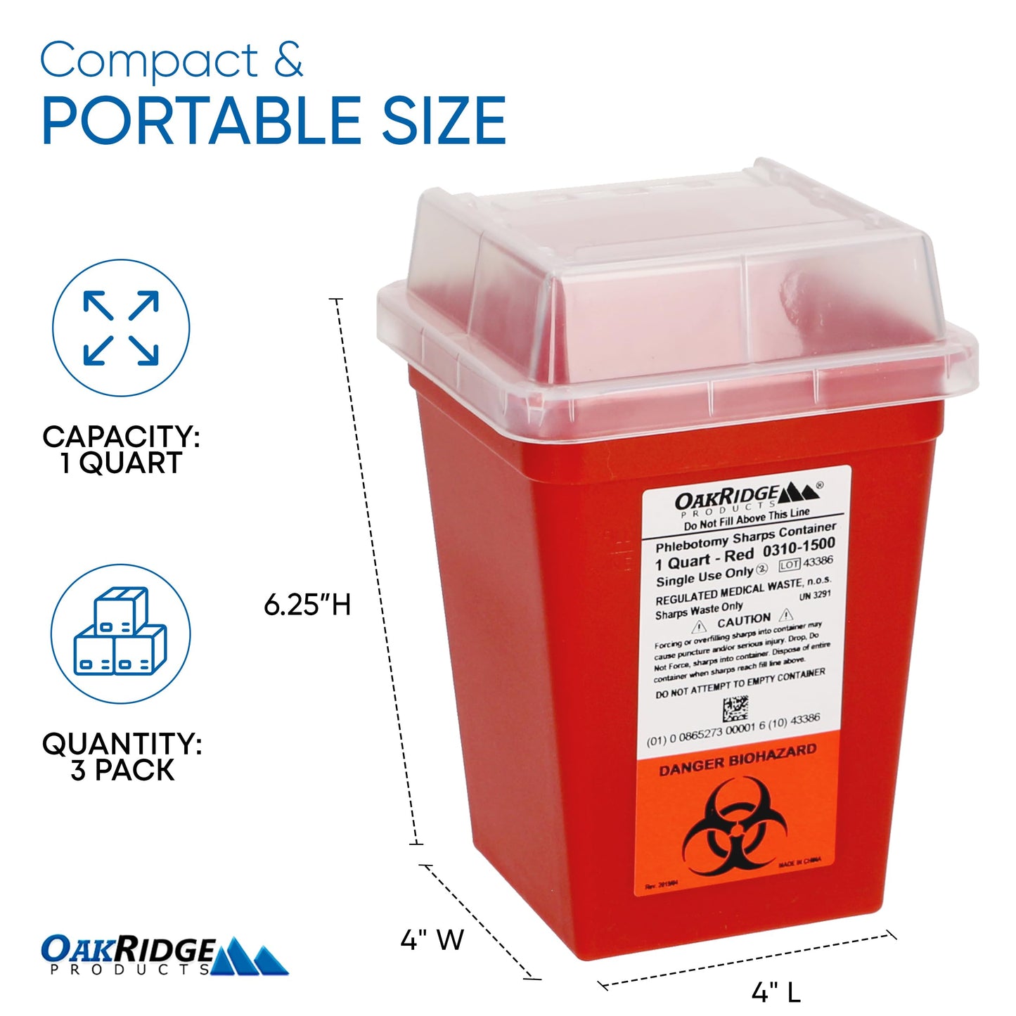 Oakridge Products Sharps Container for Home Use and Professional 1 Quart (10-Pack), Biohazard Needle and Syringe Disposal, Small Portable Container for Travel, CDC Certified