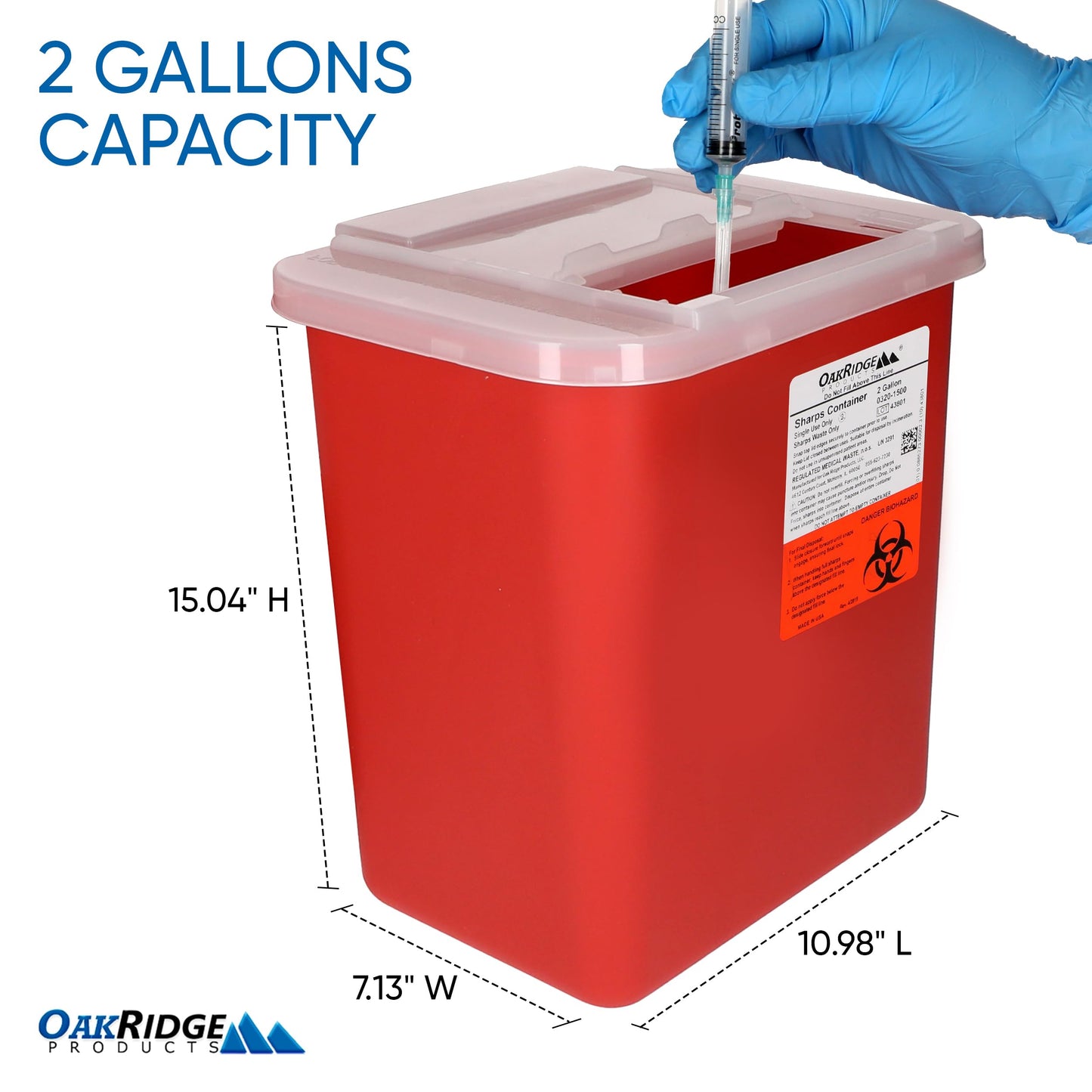 Oakridge Products Large Sharps Container for Home Use and Professional 2 Gallon (20-Pack) with Sliding Top, Biohazard Needle and Syringe Disposal, CDC Certified