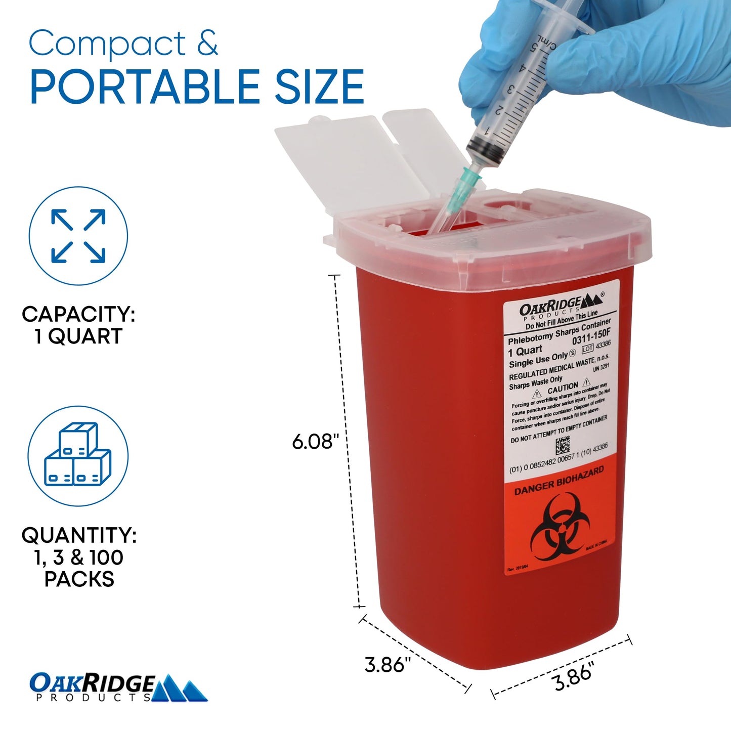 Oakridge Products Sharps Container for Home Use and Professional 1 Quart (1-Pack), Biohazard Needle and Syringe Disposal, Flip-up Lid with Integrated Needle Inwinder, CDC Certified