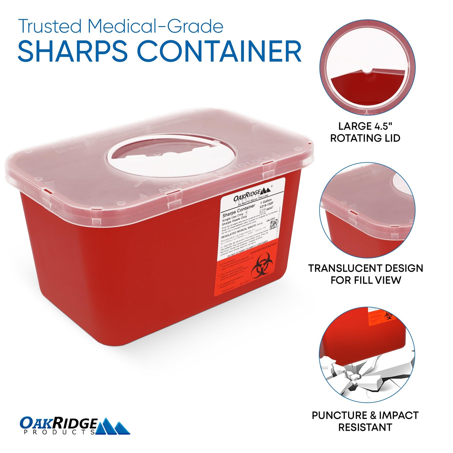 Oakridge Products Large Sharps Container for Home Use and Professional 1 Gallon (1-Pack), Biohazard Needle and Syringe Disposal, Rotating Lid, CDC Certified