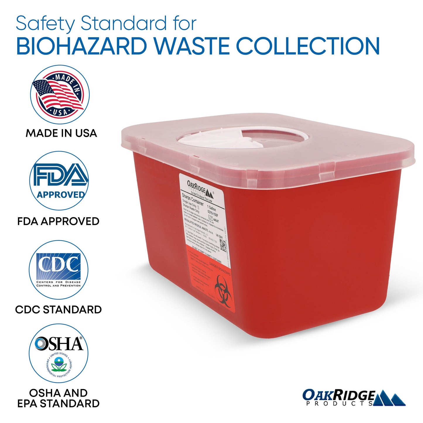 Oakridge Products Large Sharps Container for Home Use and Professional 1 Gallon (1-Pack), Biohazard Needle and Syringe Disposal, Rotating Lid, CDC Certified