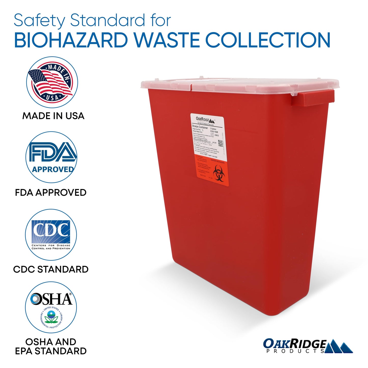 Oakridge Products Large Sharps Container for Home Use and Professional 3 Gallon (10-Pack) with Rotating lid, Biohazard Needle and Syringe Disposal, CDC Certified, Wholesale Business Bundle