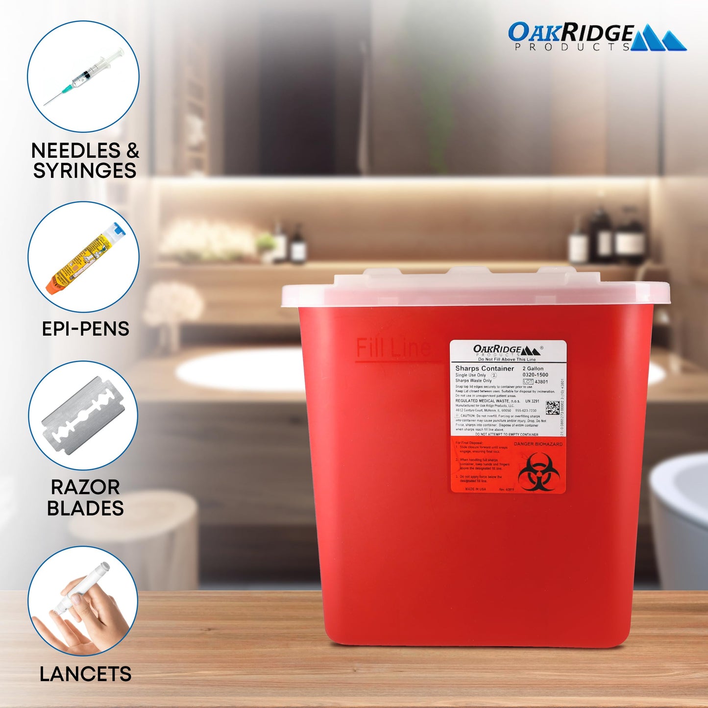 Oakridge Products Large Sharps Container for Home Use and Professional 2 Gallon (20-Pack) with Sliding Top, Biohazard Needle and Syringe Disposal, CDC Certified