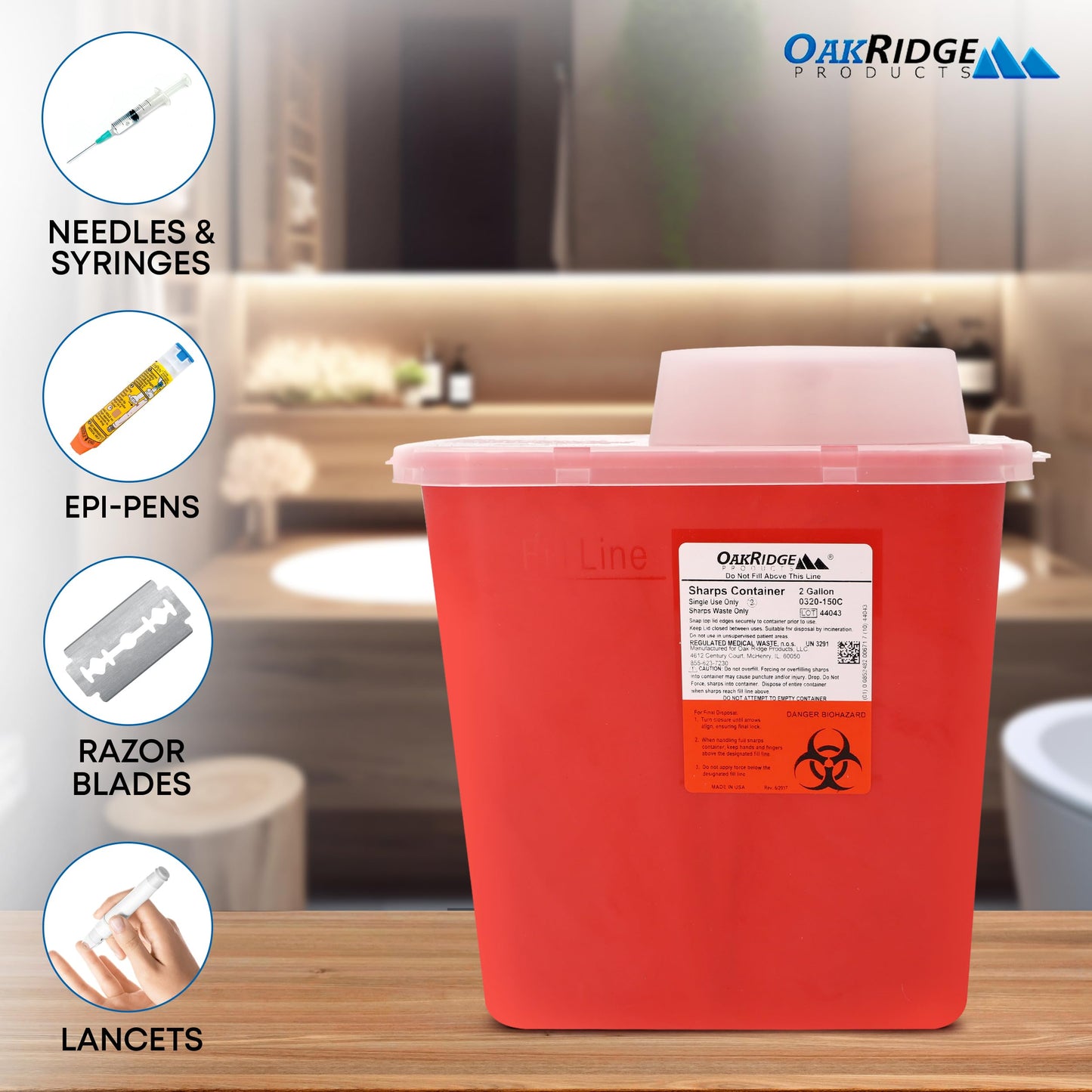 Oakridge Products Large Sharps Container for Home Use and Professional 2 Gallon (20-Pack) with Chimney Top, Biohazard Needle and Syringe Disposal, CDC Certified