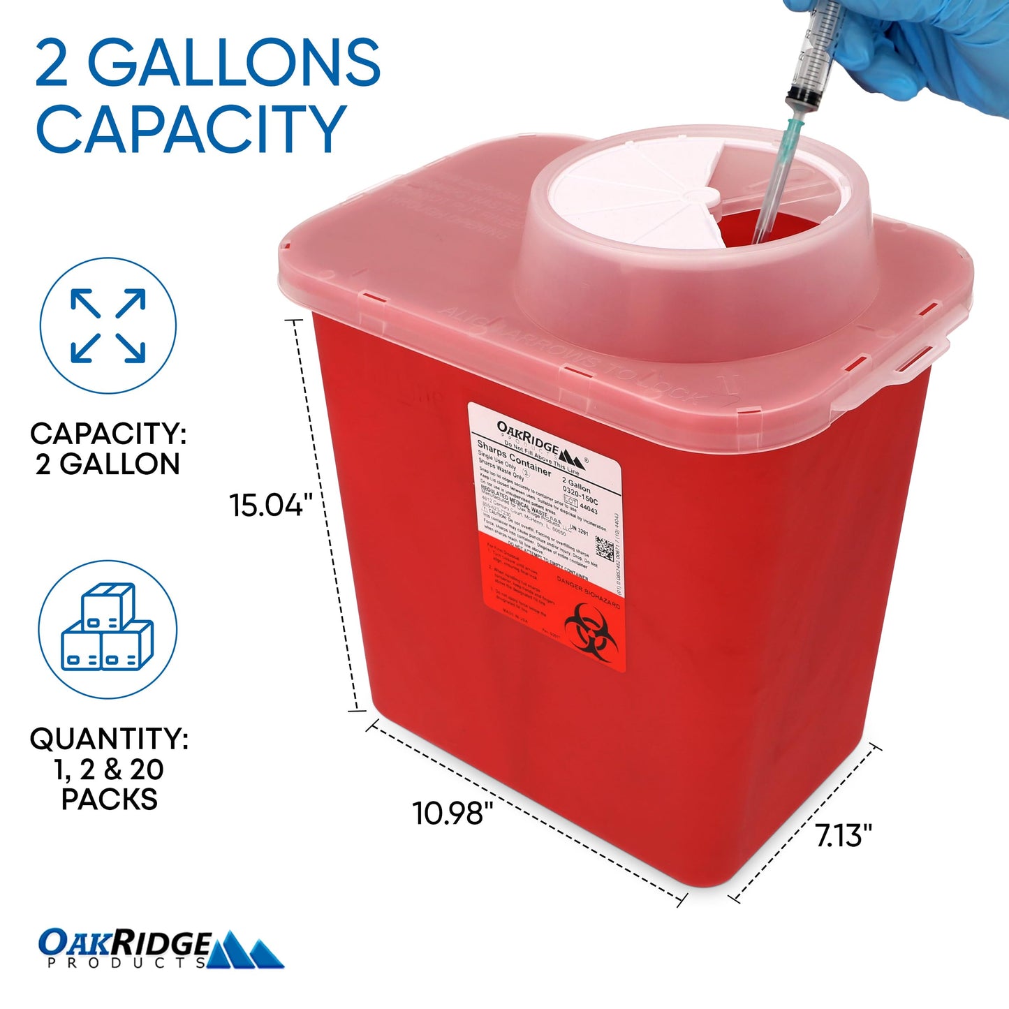 Oakridge Products Large Sharps Container for Home Use and Professional 2 Gallon (20-Pack) with Chimney Top, Biohazard Needle and Syringe Disposal, CDC Certified