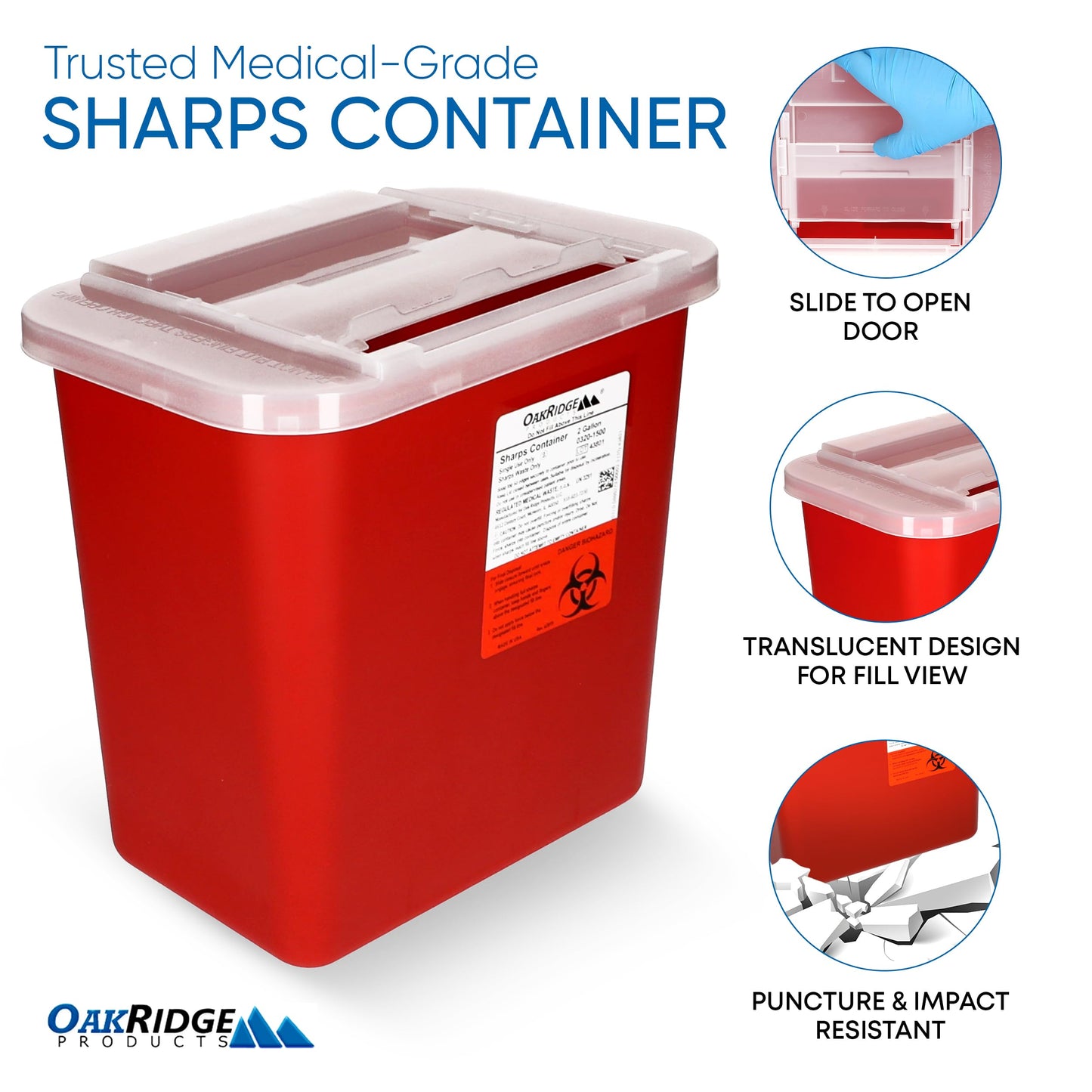 Oakridge Products Large Sharps Container for Home Use and Professional 2 Gallon (20-Pack) with Sliding Top, Biohazard Needle and Syringe Disposal, CDC Certified