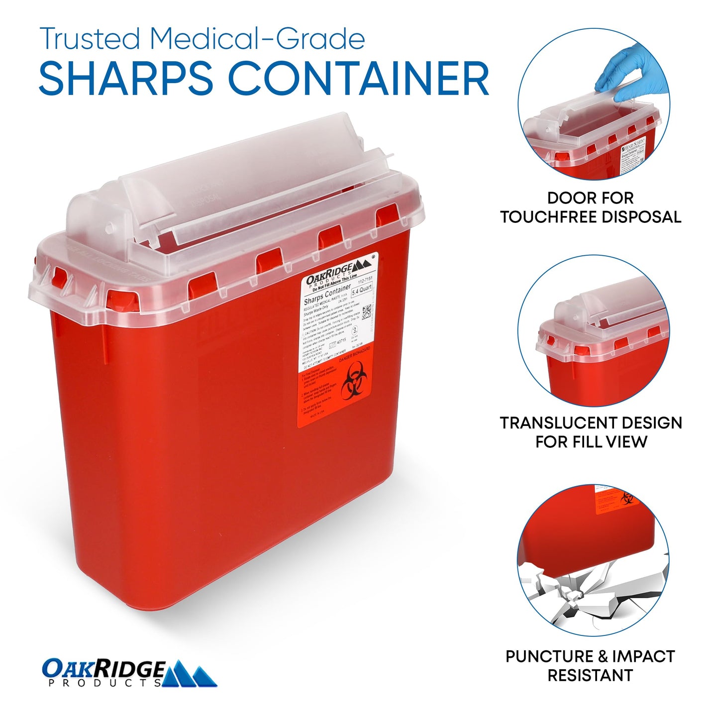 Oakridge Products Transparent Sharps Container for Home Use and Professional 5.4 Quart (2-Pack), Touchless Biohazard Needle and Syringe Disposal, Rotating Lid, CDC Certified