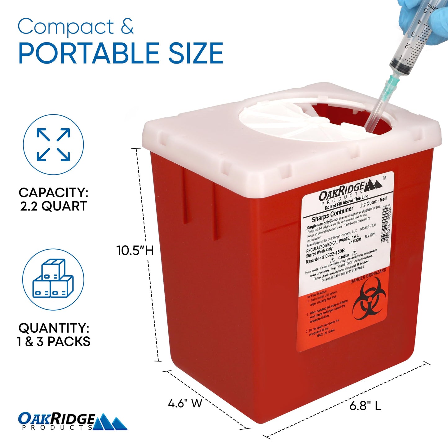 Oakridge Products Transparent Sharps Container for Home Use and Professional 2.2 Quart (1-Pack), Touchless Biohazard Needle and Syringe Disposal, Rotating Lid, CDC Certified