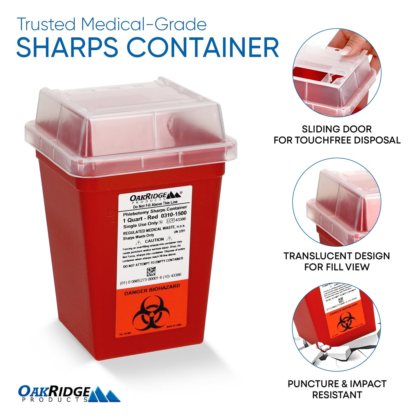 Oakridge Products Sharps Container for Home Use and Professional 1 Quart (10-Pack), Biohazard Needle and Syringe Disposal, Small Portable Container for Travel, CDC Certified