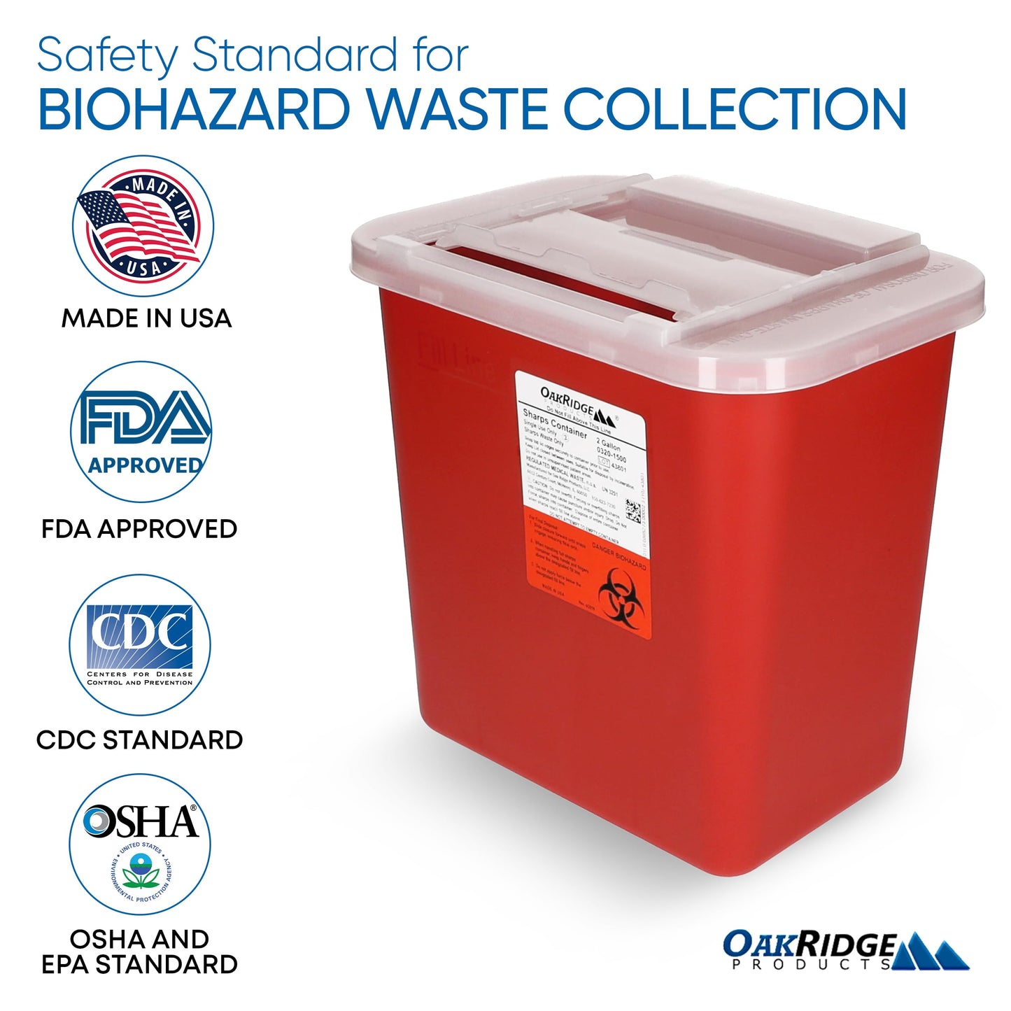 Oakridge Products Large Sharps Container for Home Use and Professional 2 Gallon (20-Pack) with Sliding Top, Biohazard Needle and Syringe Disposal, CDC Certified