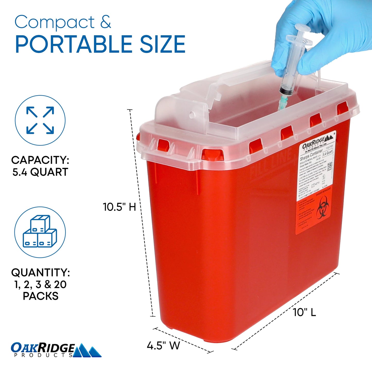 Oakridge Products Transparent Sharps Container for Home Use and Professional 5.4 Quart (2-Pack), Touchless Biohazard Needle and Syringe Disposal, Rotating Lid, CDC Certified