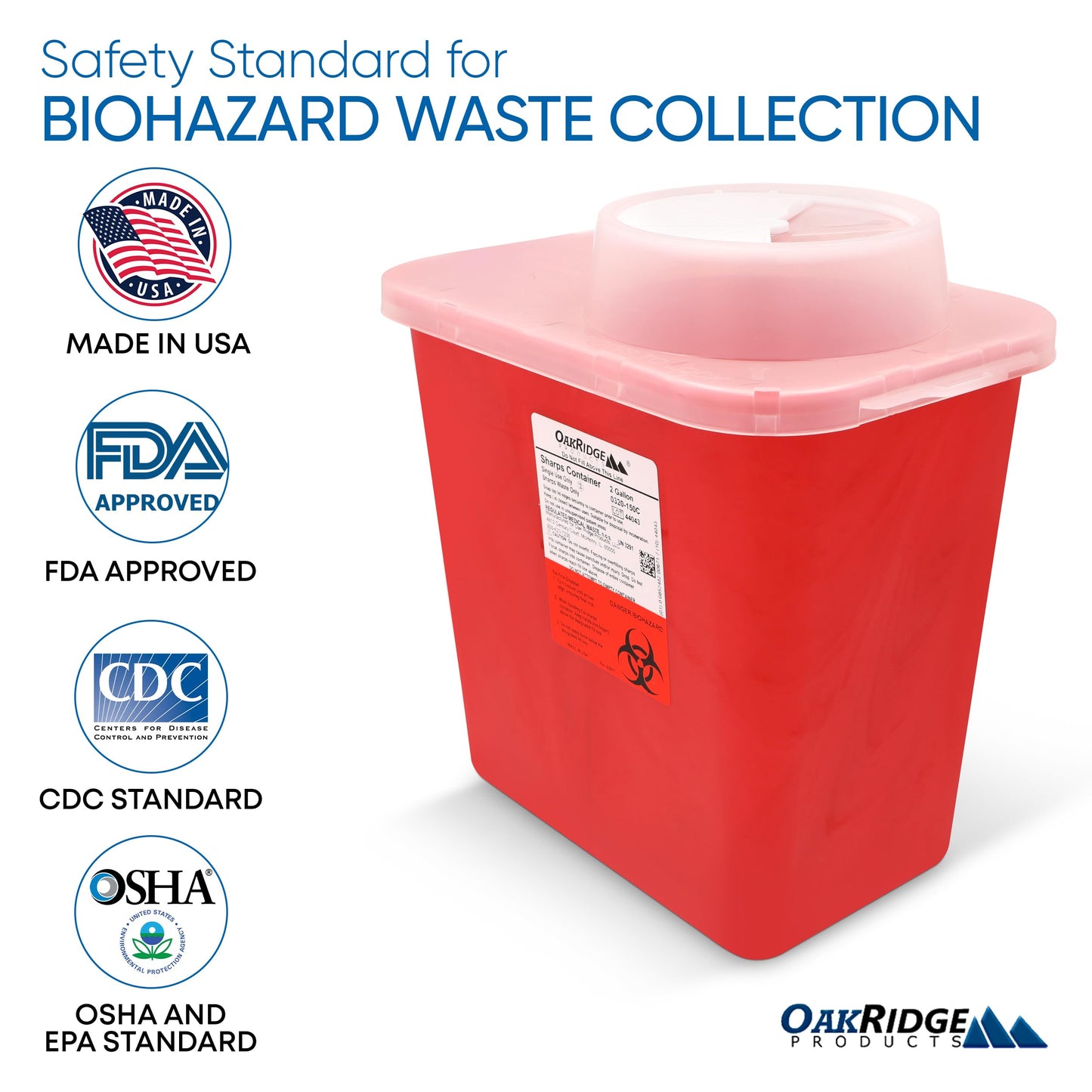 Oakridge Products Large Sharps Container for Home Use and Professional 2 Gallon (20-Pack) with Chimney Top, Biohazard Needle and Syringe Disposal, CDC Certified