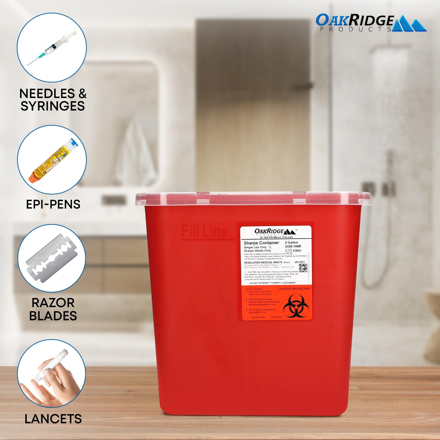 Oakridge Products Large Sharps Container for Home Use and Professional 2 Gallon (20-Pack) with Rotating lid, Biohazard Needle and Syringe Disposal, CDC Certified