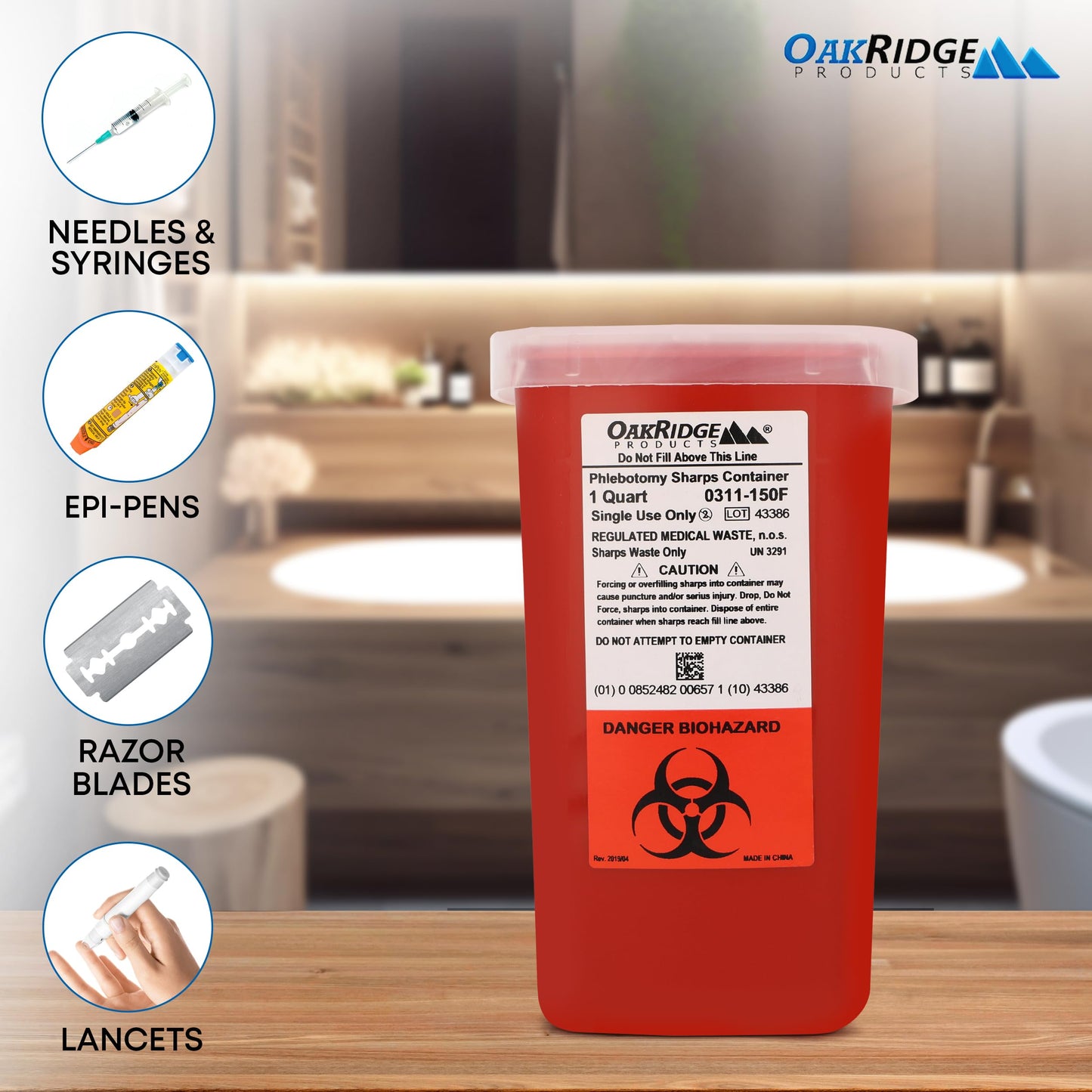 Oakridge Products Sharps Container for Home Use and Professional 1 Quart (1-Pack), Biohazard Needle and Syringe Disposal, Flip-up Lid with Integrated Needle Inwinder, CDC Certified