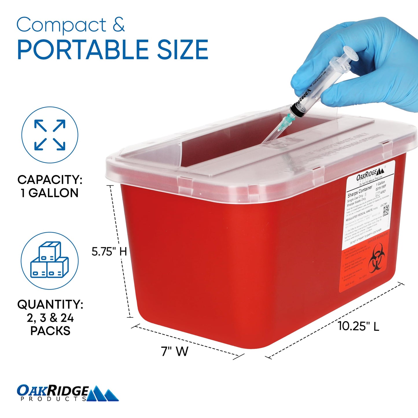 Oakridge Products Large Sharps Container for Home Use and Professional 1 Gallon (3-Pack), Biohazard Needle and Syringe Disposal, Pop Up Lid, CDC Certified