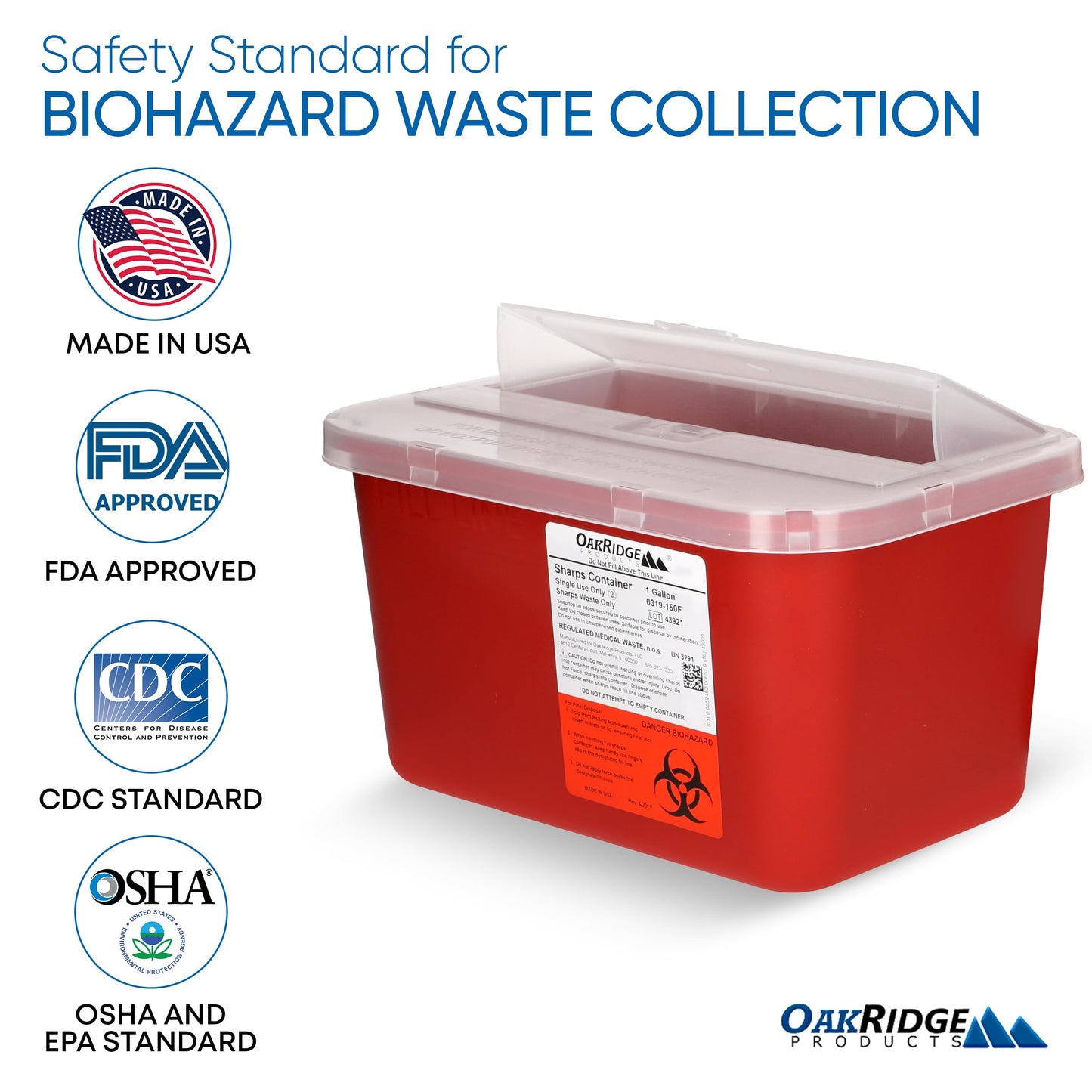 Oakridge Products Large Sharps Container for Home Use and Professional 1 Gallon (3-Pack), Biohazard Needle and Syringe Disposal, Pop Up Lid, CDC Certified