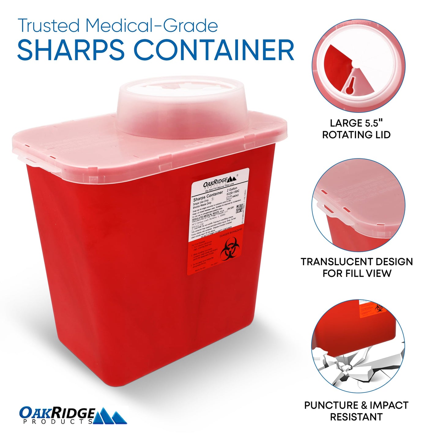 Oakridge Products Large Sharps Container for Home Use and Professional 2 Gallon (20-Pack) with Chimney Top, Biohazard Needle and Syringe Disposal, CDC Certified