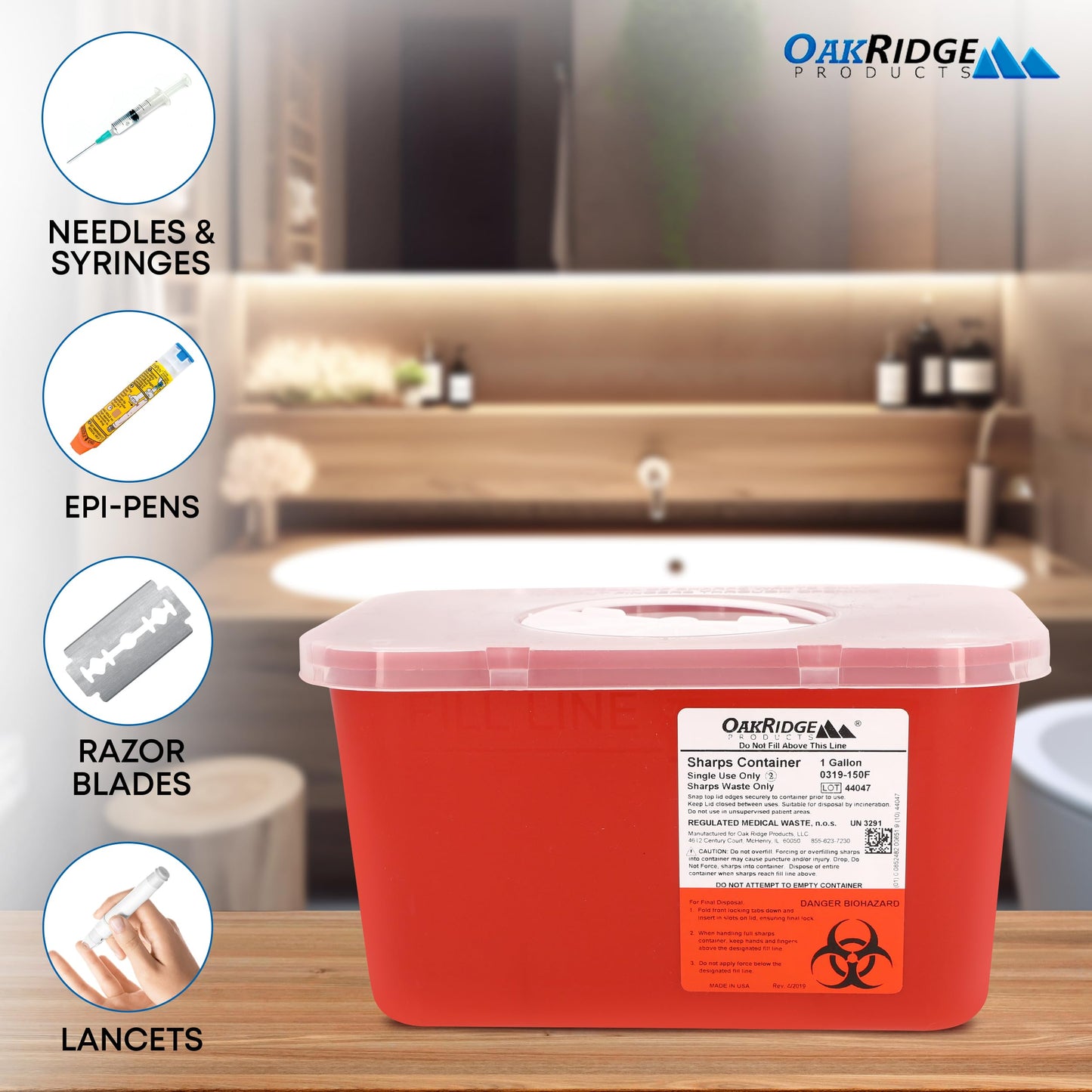 Oakridge Products Large Sharps Container for Home Use and Professional 1 Gallon (1-Pack), Biohazard Needle and Syringe Disposal, Rotating Lid, CDC Certified